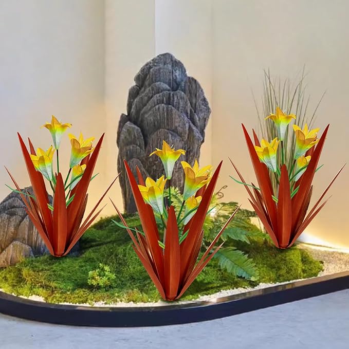 Homight Metal Agave Plant Outdoor Decoration Lily Mexican Yard Art Garden Gift Home Decor Hand Painted Metal Agave Garden Yard Statue, Outdoor Lawn Ornaments(3 Big Yellow Lilies)
