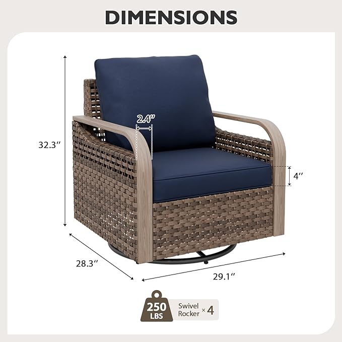 EAGLE PEAK Modern Wicker Outdoor Glider Rocking Chair, Swivel Rocker, Rattan Patio Furniture for Yard Deck Porch Garden, 4 Chairs, Brown/Blue