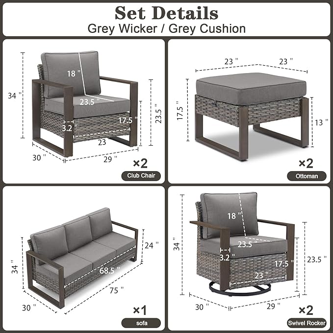 Belord Modern Outdoor Patio Furniture 7 - Person Outdoor Swivel Glider Seating Group, Backyard Wicker Furniture Set with Aluminum Armrests, Grey Wicker Grey Cushion