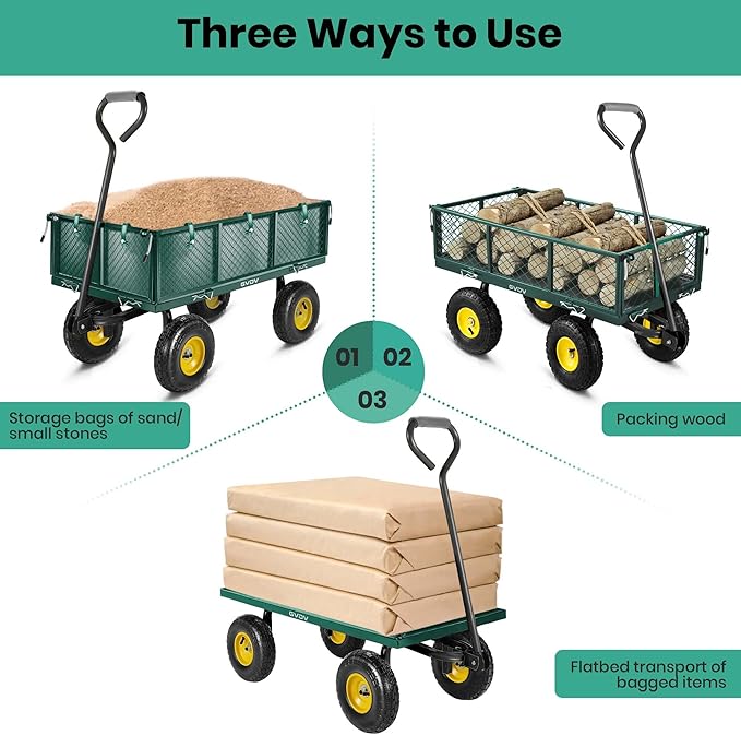 GVDV 660LB Garden Cart with Liner, Heavy Duty Steel Garden Wagon, Folding Utility Wagon with Removable Sides and 10" All-Terrain Wheels