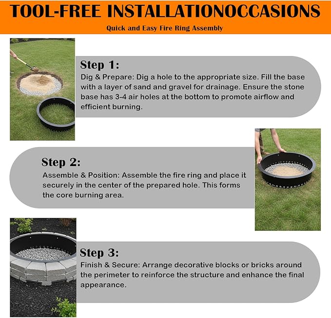 Fire Ring for Outside Fire Pit 55-Inch Outer/51-Inch Inner Diameter, VivaGarden Heavy Duty Solid Metal Steel Round Fire Pit Ring for Camping, DIY Campfire FirePit Insert Kit for Wood Burning, Black