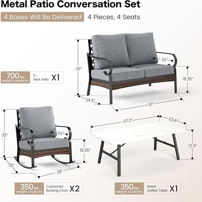 SUNSHINE VALLEY 4 Piece Metal Outdoor Patio Furniture Sets, Patio Conversation Sets 1 Loveseat, 2 Rocking Sofa with 5.75" Extra Thick Cushion and Coffee Table, Balck Frame Backyard Furniture, Gray