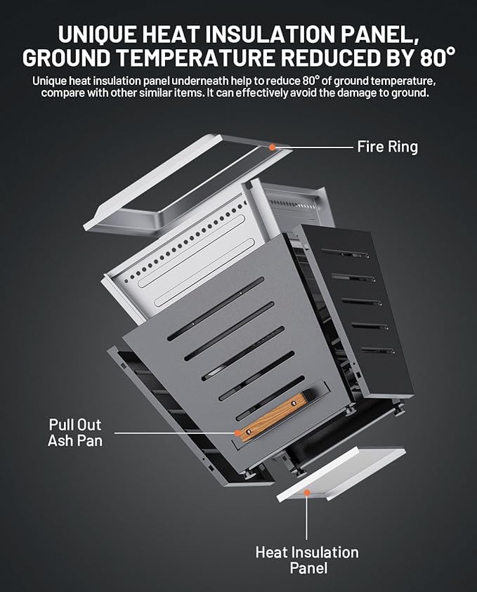 20 Inch Smokeless Fire Pit Stainless Steel Wood Burning Fireplace Portable Outdoor Fire Pit Patio Smokeless Firepit with Pull-Out Ash Tray and Handles, Black