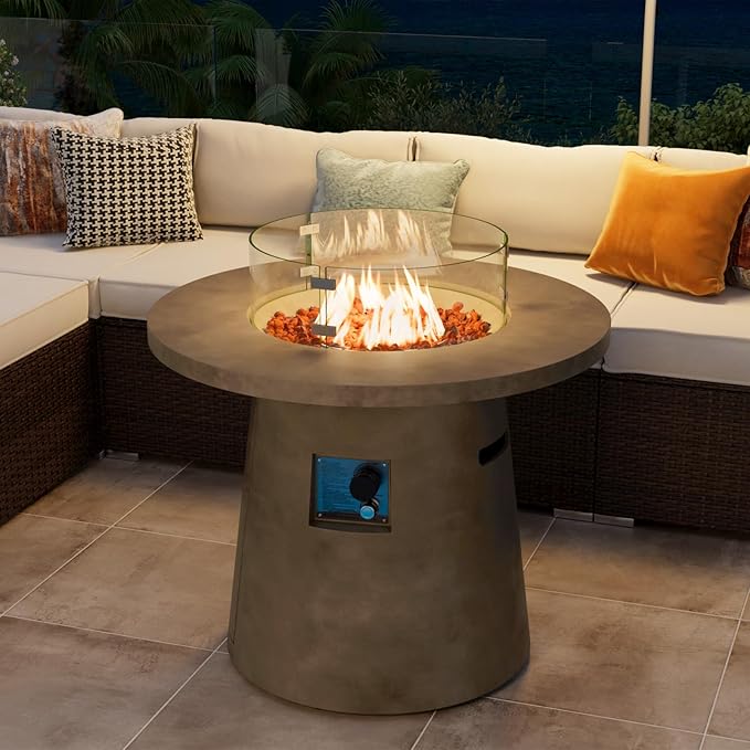 COSIEST 31.5-inch Round Fire Pit, Magnesium Oxide Outdoor Propane Fire Table, Certified, 40,000 BTU Stainless Steel Burner, Free Lava Rocks, Fits 20lb Tank Inside