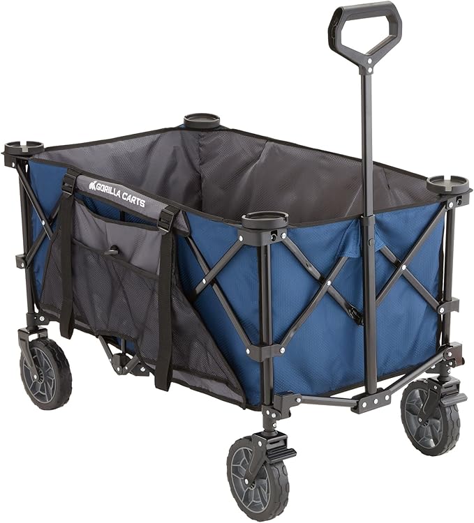 Gorilla Carts Collapsible Folding Outdoor Utility Wagon, 7 Cu Ft Oversized Bed, 150 lb Load Rating, Blue – Foldable Rolling Cart w/ Pockets & Cup Holders for Beach, Camping, Sports or Picnic