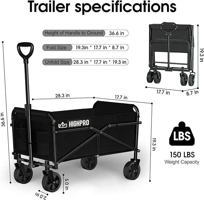 Highpro Collapsible Wagon Carts Foldable, Heavy Duty Beach Folding Wagon Cart with Wheels, Portable Grocery Garden Cart for Outdoor, Sports, Shopping, Camping, Black