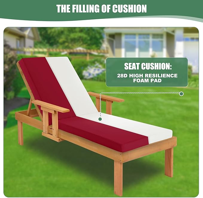 Chaise Lounge Cushions Outdoor - Waterproof and Fade Resistant Sun Lounger Replacement Cushions - Patio Lounger Pads with Removable Cover for Pool, Deck, Lawn, 80 x 26 x 3 Inch, Red