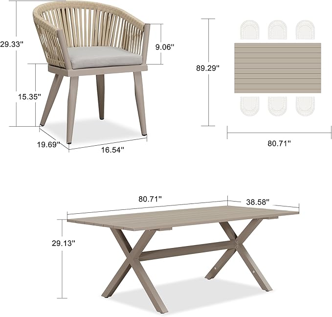 PURPLE LEAF 7 Pieces Longer Outdoor Dining Set with Patio Aluminium Dining Table and Wicker Chairs Modern Furniture Cushions Sets for Backyard Indoor Decor Kitchen Champagne