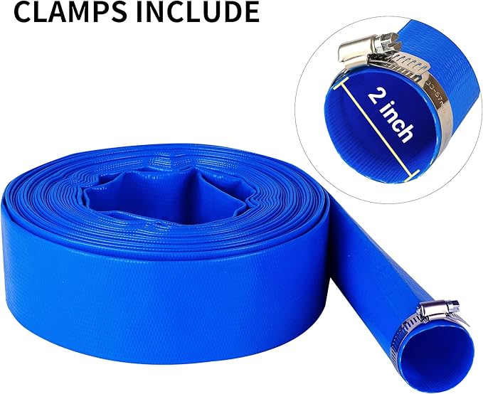 2" x 100 FT Pool Backwash Hose Blue Heavy Duty Reinforced PVC Lay Flat Water Discharge Hose for Swimming Pool Filter Pump,with 2 Clamp