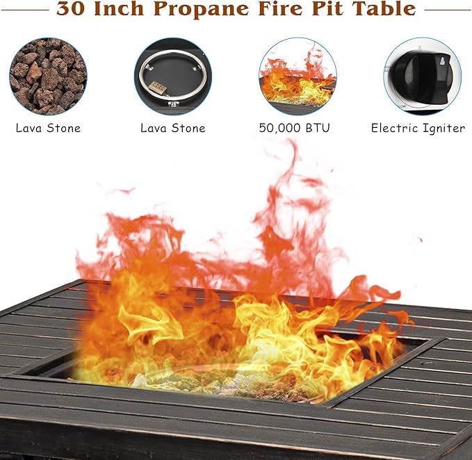 Giantex Gas Fire Pit Table, 30 Inch 50,000 BTU Auto-Ignition Propane Fire Pit Outdoor with Lid, Lava Rocks and Waterproof Cover, 2-in-1 Fire Table with CSA and ETL Certification (Brown)