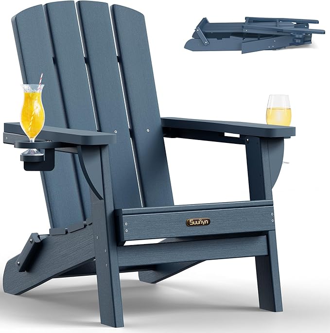 Folding Adirondack Chair 1 Pack, HDPE All-Weather Fire Pit Chairs, Plastic Adirondack Chairs with 2 Cup Holder, Outdoor Lawn Chair for Patio Garden (New Blue)