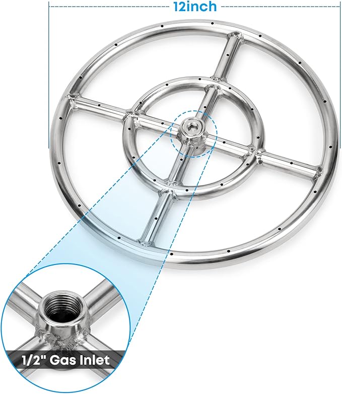 Stanbroil 12 Inch Round Fire Pit Burner Ring for Natural Gas & Propane - 304 Stainless Steel for Indoor & Outdoor Fireplace, BTU 92,000 Max