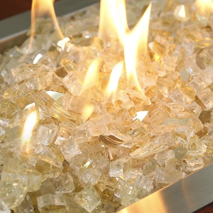 Grisun Gold Fire Glass for Fire Pit - 1/2 Inch High Luster Reflective Tempered Glass Rocks for Natural or Propane Fireplace, Safe for Outdoors and Indoors Firepit Glass, 10 Pounds