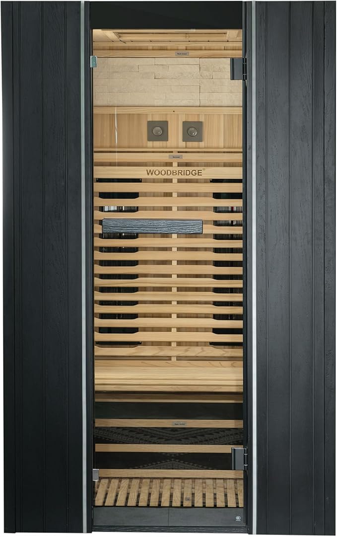 Woodbridge 2-Person Indoor FAR Infrared Black Sauna with WiFi-Enabled Smart Control, Crafted from Japanese Cedar – Features Red Light Therapy, Bluetooth Speaker, Chromotherapy Lighting