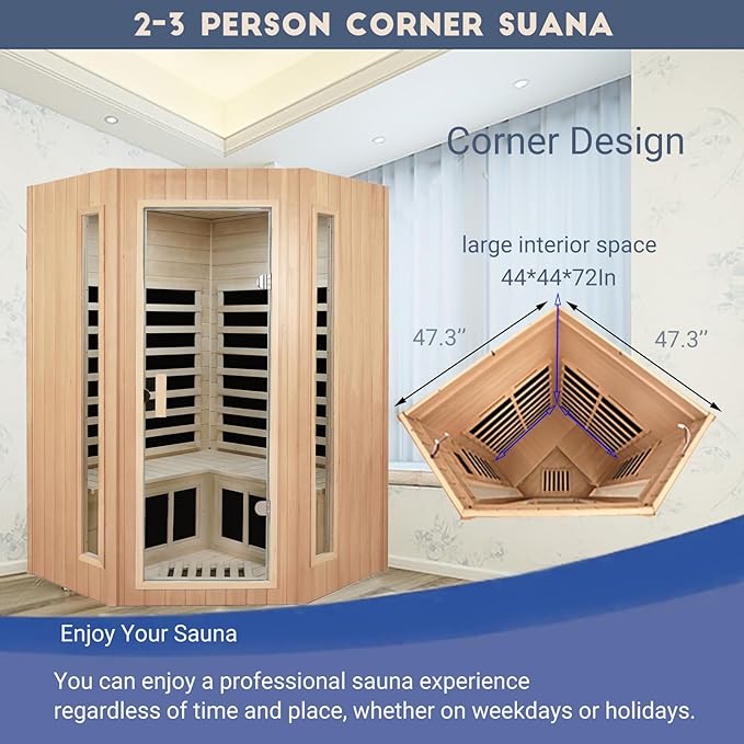 2-3 Person Infrared Sauna, Far Infrared Saunas for Home Low EMF Indoor Home Sauna Spa, Hemlock Wooden Corner Sauna Room,1670Watt, Bluetooth Speakers, Reading Lamps