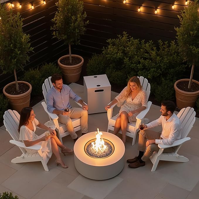 TLGREEN 30in Propane Fire Pit Table Set,2 in 1 Round Patio Table,50,000 BTU,Rain Cover,Outdoor Gas Firepit,304 Stainless Burner,Adjustable Legs, Blue Glass for Backyard, Garden,Pool,Balcony,light grey