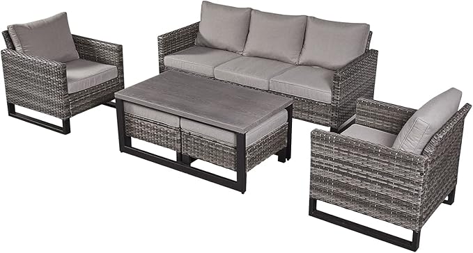 HUMMUH 6 Piece Patio Furniture All Weather Wicker Outdoor Sectional Sofa,High Back Patio Chairs,Coffee Table and Ottomans Set for Porch,Garden,Backyard