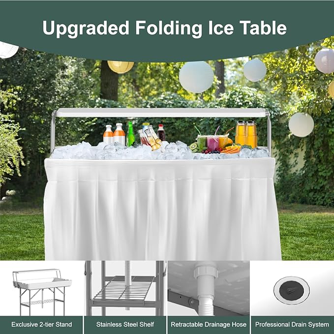 IWDOO 4 Foot Led Ice Cooler Table, Two-Tier Outdoor Cooler Table with Removable Matching Skirt LED Light Strip Drain Plug and Shelf, Plastic Chill Tables to Keep Drinks Cool for Party, Camping, Picnic