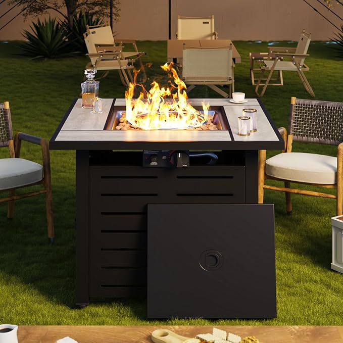 28" Outdoor Propane Fire Pit Table Ceramic Top & Lava Rocks,50000 BTU Square Patio Heater Waterproof Lid Gas Fire Pits for Outside Patio Black
