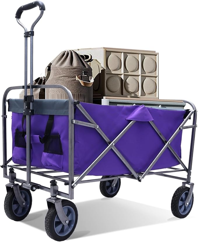 150 LBS Collapsible Wagon Cart, Large Capacity Utility Cart with All-Terrain Wheels, for Camping, Garden, Shopping and More, Purple