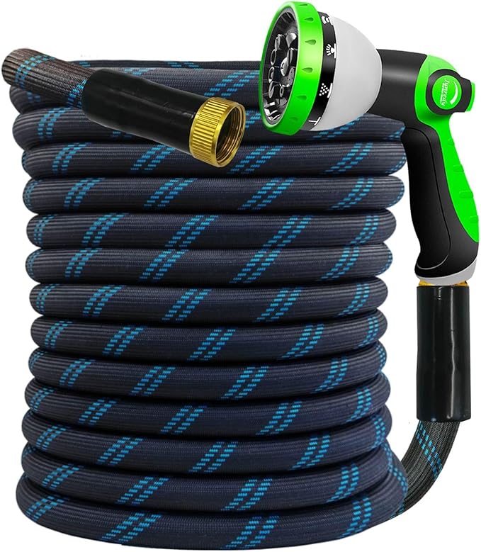 Garden Hose 50 FT, NON-EXPANDABLE Heavy-Duty Flexible & Lightweight Water Hose with 10-Function Nozzle, No-Kink Design, Leak-Proof Super Fabric, Solid Fittings for Lawn, Car, RV, Outdoor