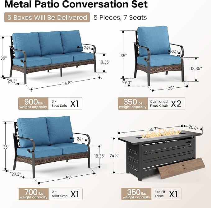 SUNSHINE VALLEY 5 Piece Metal Outdoor Patio Furniture Sets with Firepit Table, Patio Conversation Sets 1 3-Seater Sofa, 1 Loveseat, 2 Single Sofa with 5.75" Cushion for Backyard Deck, Denim Blue