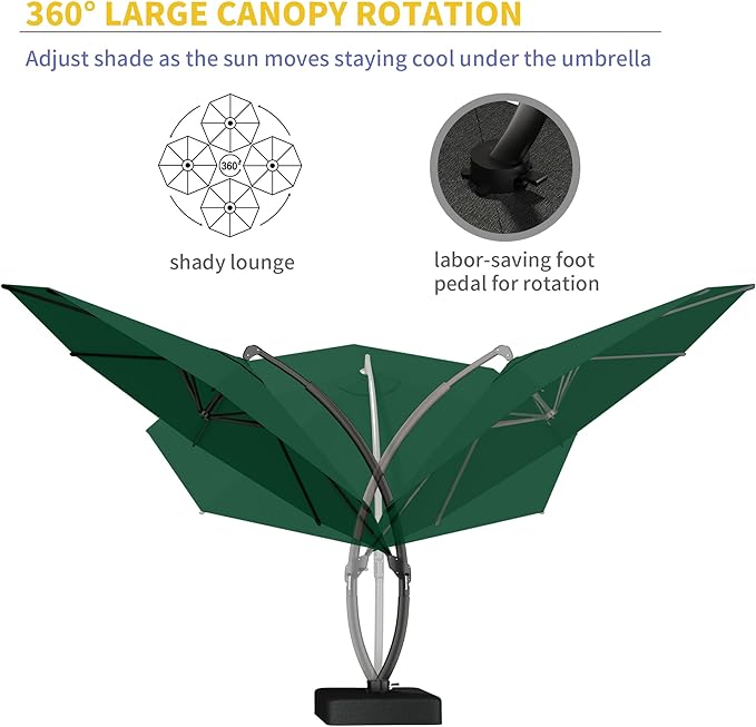 Kingdura 11ft Cantilever Patio Umbrella with Base Included, Large Round Offset Outdoor Pool Umbrella, 360° Rotation & Infinite Tilt, Heavy Duty Aluminum Frame for Deck Backyard, Dark Green
