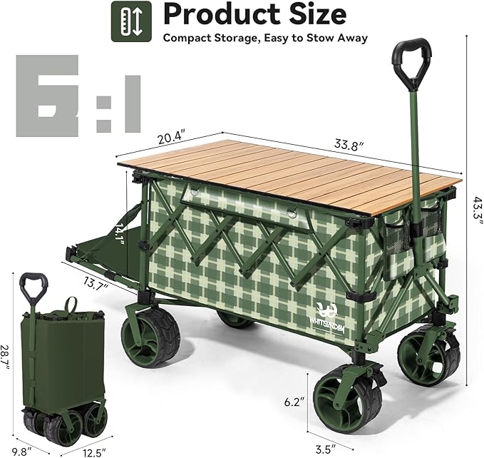 WHITSUNDAY Collapsible Folding Wagon with Table, Heavy Duty Utility Beach Wagons with All-Terrain Wheels for Camping,Garden,Sports Green