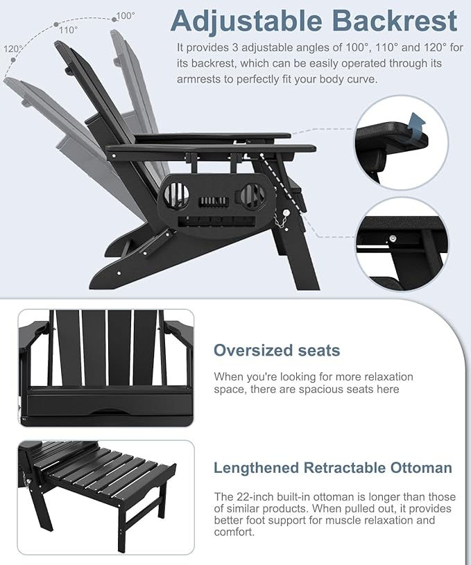 Adjustable Adirondack Chair with Retractable Ottoman, HDPE Folding Adirondack Chair with Cup Holder, All Weather Fire Pit Chair for Outdoor.
