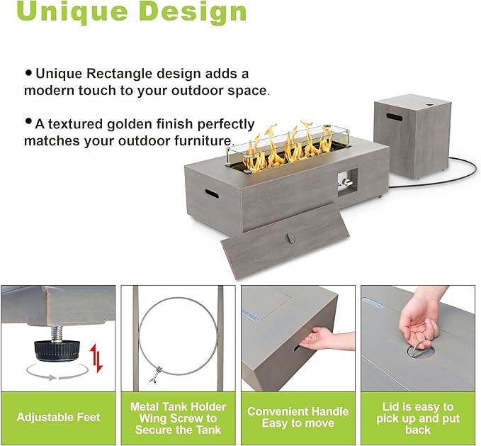 Dineli 2-Piece Outdoor Propane Fire Pit Table Set w Tank Table 42'' Rectangular Firepit Gas Fire Pits for Outside Patio Fire Table Tabletop Fire Pits, 50,000 BTU, Gray