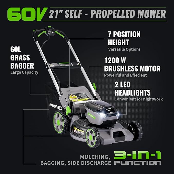 60V Self-Propelled Lawn Mower 21-Inch, Brushless Cordless Mower for Large Yards, Electric with LED Headlight, 2X5.0Ah Battery & Rapid Charger