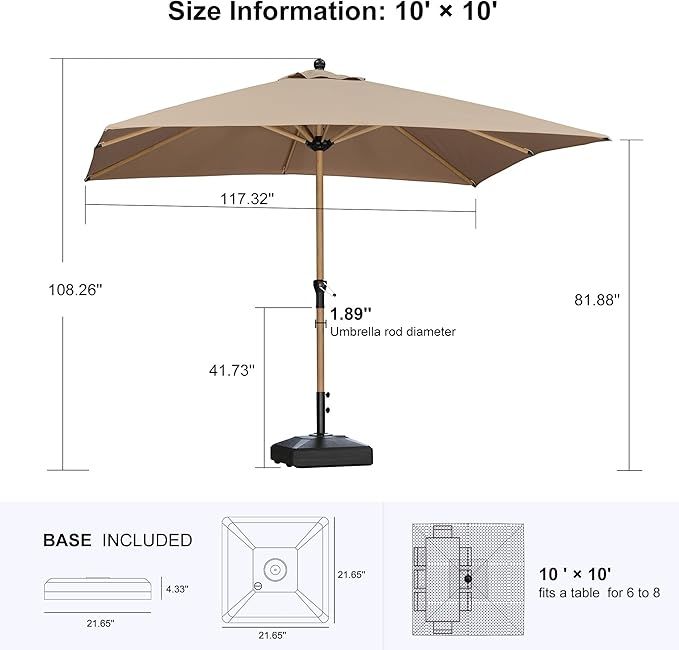 PURPLE LEAF 10' x 10' Square Patio Umbrella with Base Outdoor Umbrella Market Umbrella with Crank & 8 Ribs Aluminum Outdoor Table Umbrella for Pool Deck Backyard, Taupe