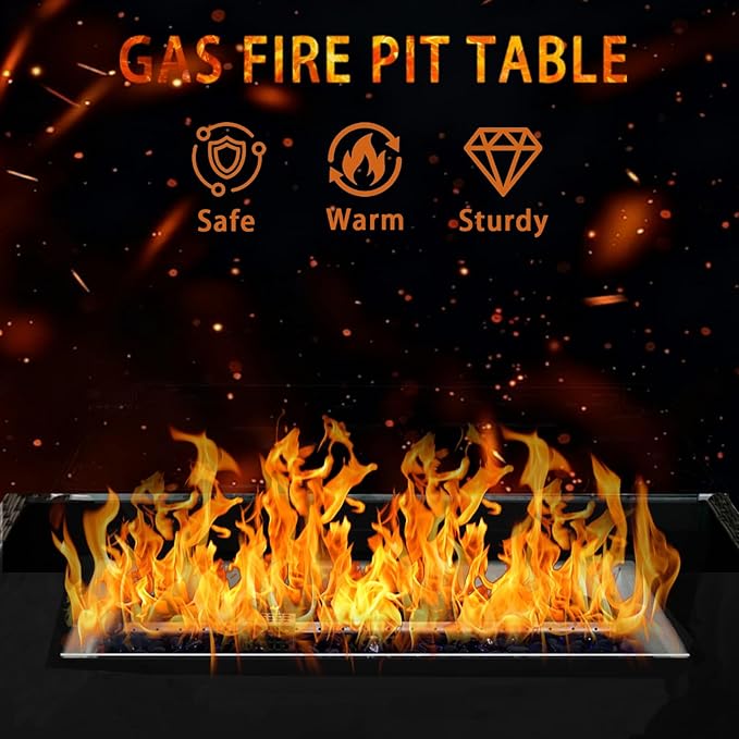 44 Inch Propane Fire Pit Table, 50000 BTU Gas Fire Pit with Glass Wind Guard & Lid, Outdoor Wicker Fire Table for Patio, Garden, Backyard (Grey)