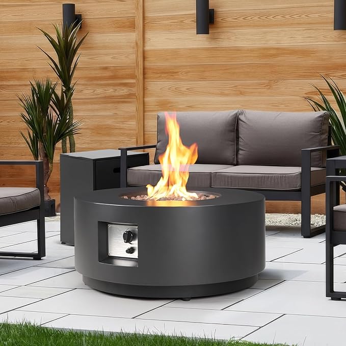 30" Round Propane Fire Pit Table - 50K BTU Round Fire Pits and Tank Cover, ETL Certified Outdoor Fire Table with Lid, Rocks, Rain Cover, Firepit for Outside Patio, Black