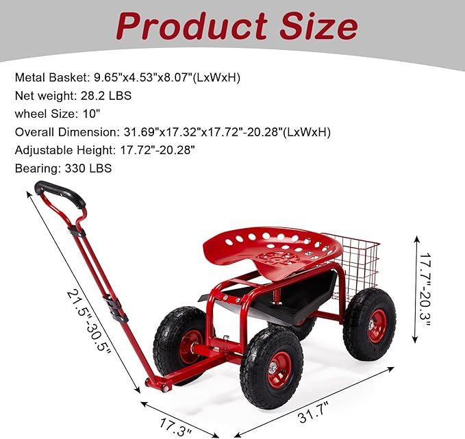 Outvita Garden Cart Rolling Workseat with Wheels, Gardening Stool with Adjustable 360 Degree Swivel Seat, Extendable Handle, Tool Tray & Storage Basket, Gardening Scooter for Yard, Planting, Red