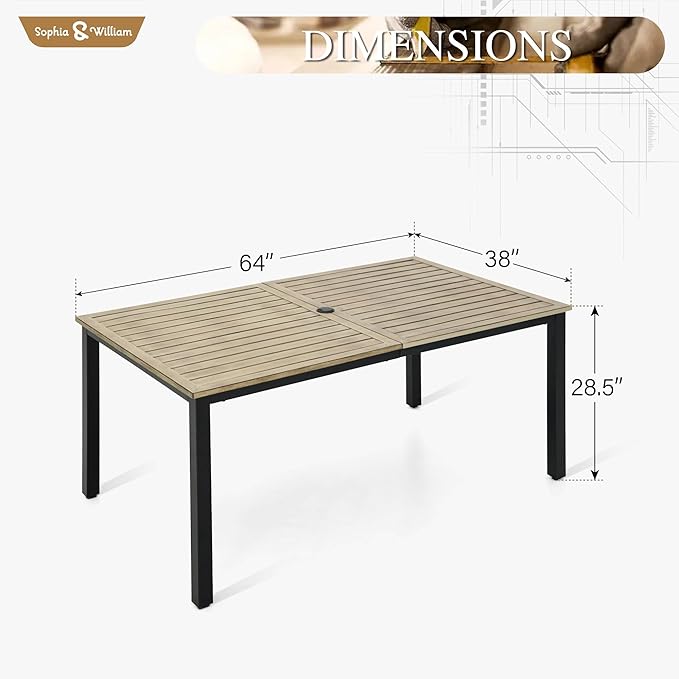 Sophia & William 6-person Metal Outdoor Patio Dining Table Rectangular, E-coating XLarge 63.8"L x 38.2"W Slat Tabletop, Adjustable Umbrella Hole 1.6"- 2", Patio Furniture for Porch Backyard Deck, Teak