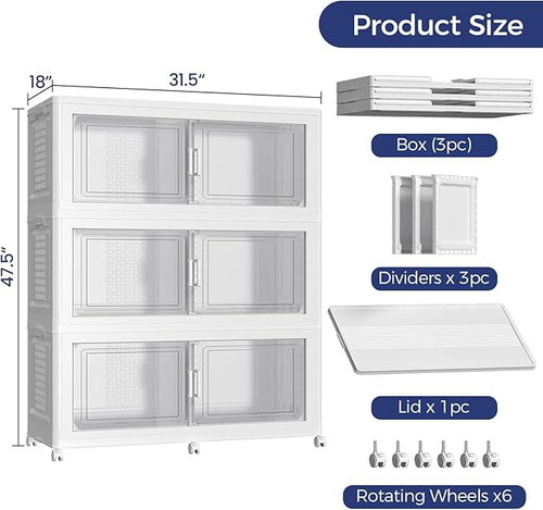 150Gal Stackable Storage Bins with Lid, 600Qt Extra Large Collapsible Storage Box with Wheels, Dividers, Folding Plastic Cabinet Closet Organizers for Home Kitchen Office Dorm, 3Pack White