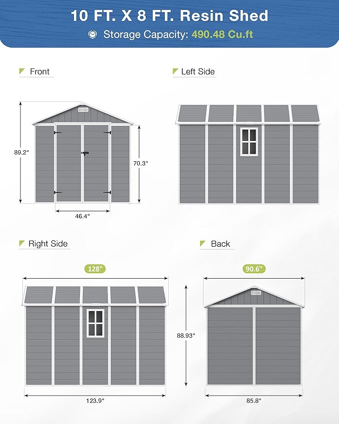 Amopatio 10x8 FT Storage Shed, Resin Shed with Floor Included, Plastic Sheds Outdoor Storage for Bike, Garden Tools, Sheds & Outdoor Storage with Lockable Door, Window & Vents, Grey & White
