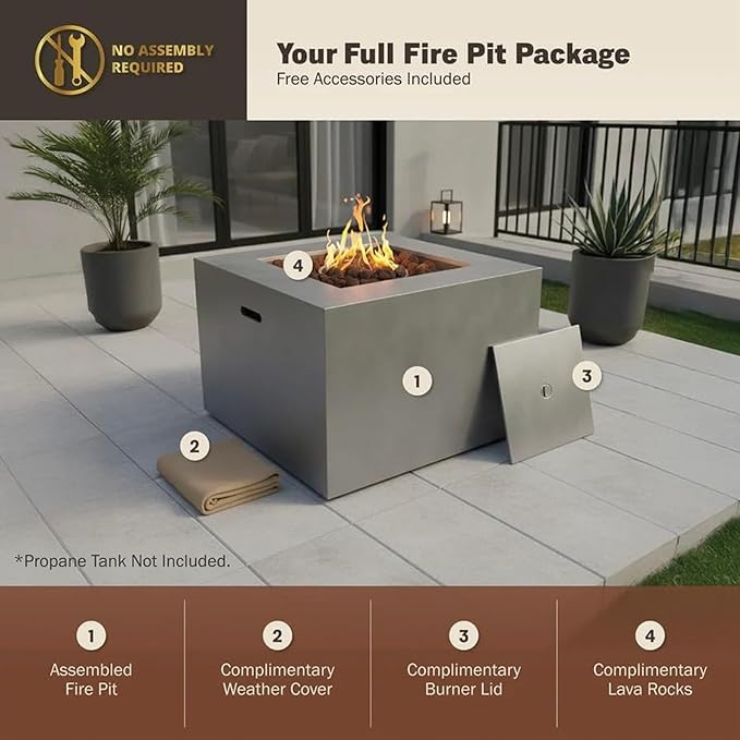 32" Smokeless Outdoor Alloy Steel Fire Pit Table w/Lid, All in One Propane Fire Table, Square Patio Firepit Table 50,000 BTUs, Lava Rocks, Weatherproof Cover, CSA Certified, for Outside Patio
