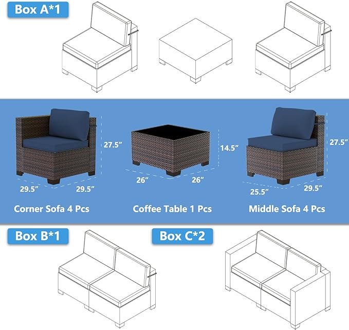 Outdoor Patio Furniture Set, 9 Pieces Outdoor Sectional Furniture Patio Set, All-Weather PE Rattan Patio Conversation Set with Tempered Glass Top Table & Cushions(Dark Blue).