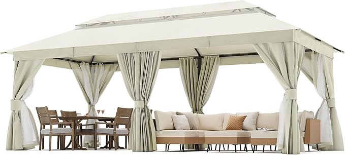 LAUSAINT HOME Gazebo 10x20ft, Heavy Duty Patio Gazebo with Expansion Bolts, Party Canopy Tent with Double Roofs, Mosquito Nettings and Privacy Screens for Backyard, Garden, Lawn, Cream White