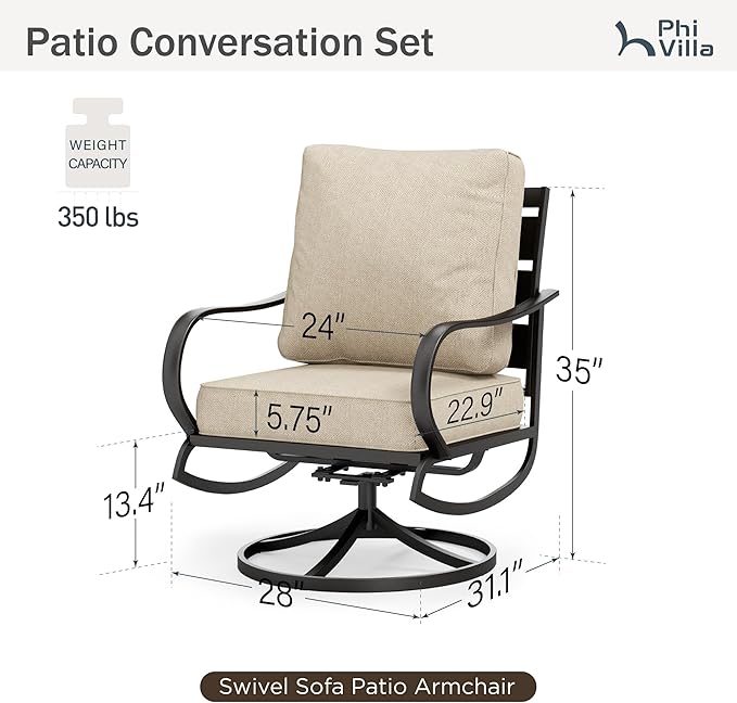 PHI VILLA Patio Furniture Chair Set for 2, Deluxe Outdoor Conversation Set with 2 Swivel Padded Sofa Chair, Full Metal with 5.8" Cushion for Deck, Lawn, Garden