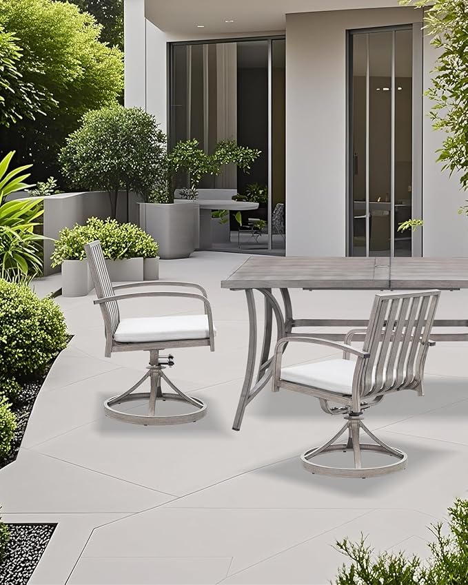 SEEHILL Aluminum Patio Dining Chairs Set of 2, 360°Swivel Outdoor Dining Chairs with Washable Cushions, Deep Seating Swivel Chairs Patio Furniture Set for Deck, Balcony, Garden, Poolside, Limed Oak
