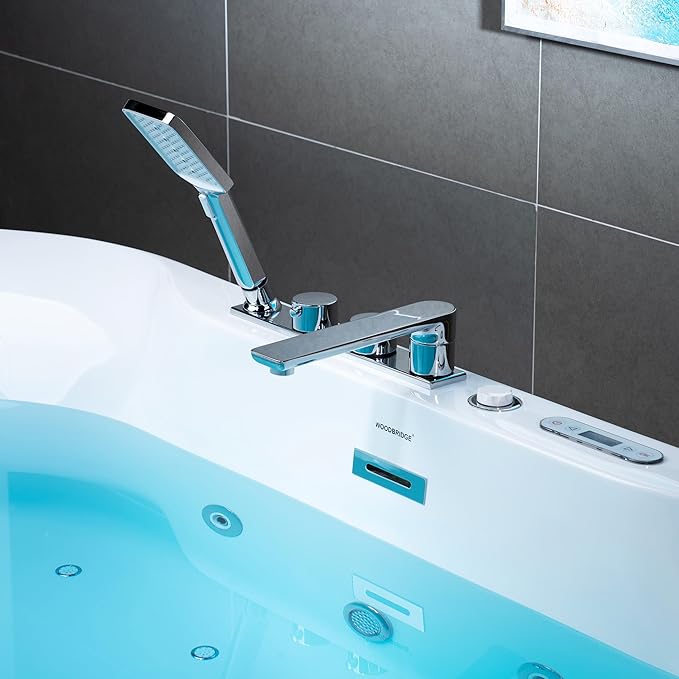 WOODBRIDGE 72" x 35-3/8" Whirlpool and Air Bath Heated Soaking Combination Tub with Adjustable Speed Air Blower, Tub Filler and Display Control Panel, White,BJ-600+F0041