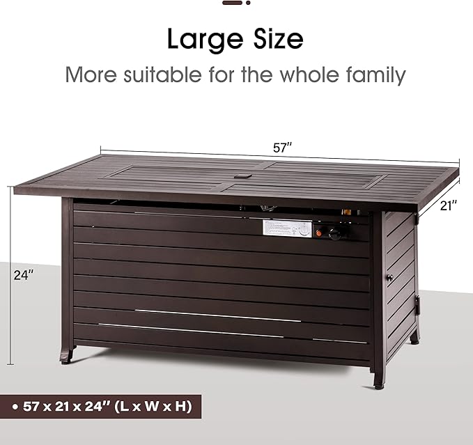 LEGACY HEATING 57 inch Gas Fire Pit Table Outdoor Propane Fire Pit Table, 50000BTU Fire Table with Lid, Retangular Bronze Firepit Table for Garden Courtyard Deck Poolside Party