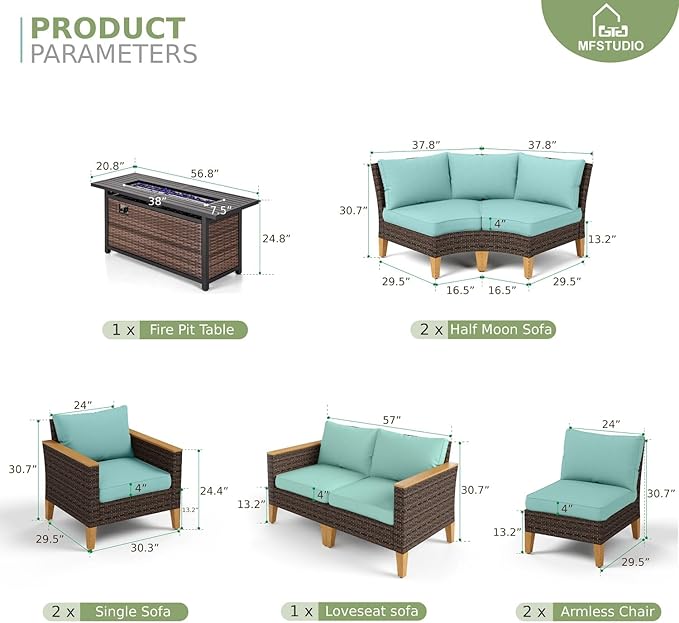 MFSTUDIO 9 Pieces Wicker Patio Furniture Set with 56" Fire Pit Table, Half-Moon Curved Patio Sectional Sofa Set, Extra Large Rattan Outdoor Conversation Sets for Lawn, Garden(Aqua Blue Cushion)