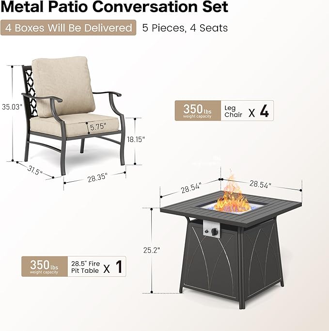 SUNSHINE VALLEY Patio Furniture Set with Firepit Table, 5 Piece Metal Outdoor Patio Furniture set for 4, 4 Single Chairs with 5.75" Extra Thick Cushion and Gas Firepit Table for Backyard Poolside Deck