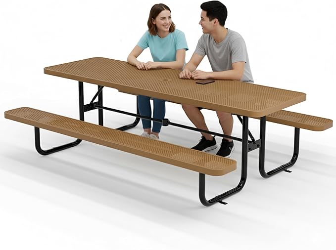 Commercial Heavy-Duty Metal Picnic Table - ADA Compliant, Adjustable Seats, Umbrella Hole (Brown, 8' Rectangular, Punched Steel)