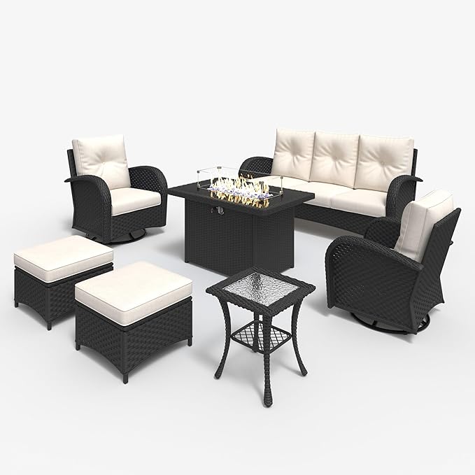 LayinSun 7 Pieces Outdoor Patio Furniture Set with Fire Pit Table, Rattan Wicker Sectional Swivel Rocker Chairs Sets
