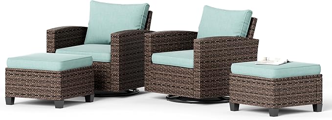 HERA'S HOUSE Patio Wicker Chairs Outdoor Swivel Rocker Chairs Set with Ottomans, 4 Piece Patio Seating Furniture Conversation Sets for Lawn Deck Porch Pool, Brown/Blue